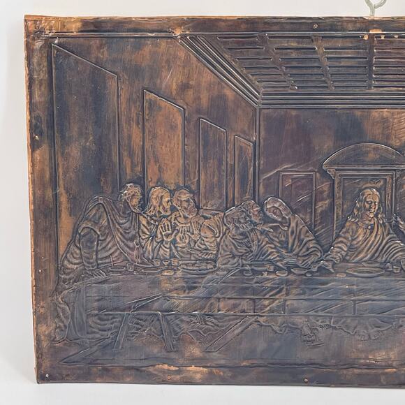 Embossed LAST SUPPER on Copper Tin 20x11 inches Mounted Nailed on Wood Vintage - Picture 3 of 15